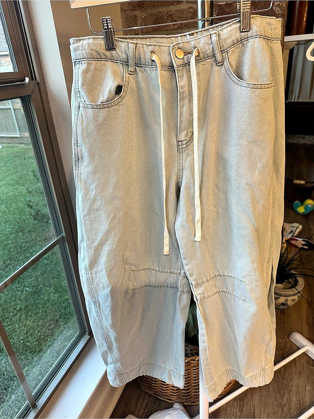 Peach Love California Light Blue Denim Barrel Leg Pants with Drawstring Waist